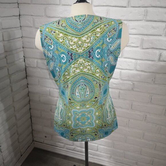 Jones New York Signature Ladies Size Large Green Teal White & Black Pattern Top - Picture 2 of 9